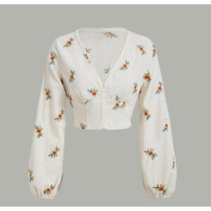 Beige Floral Print Lantern Sleeve Button Front Crop Blouse XS